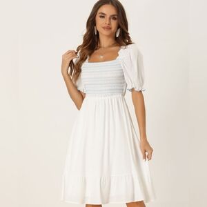 Allegra K Smocked Puff Short Sleeve Ruffle Shirred Summer Midi Dress New XL